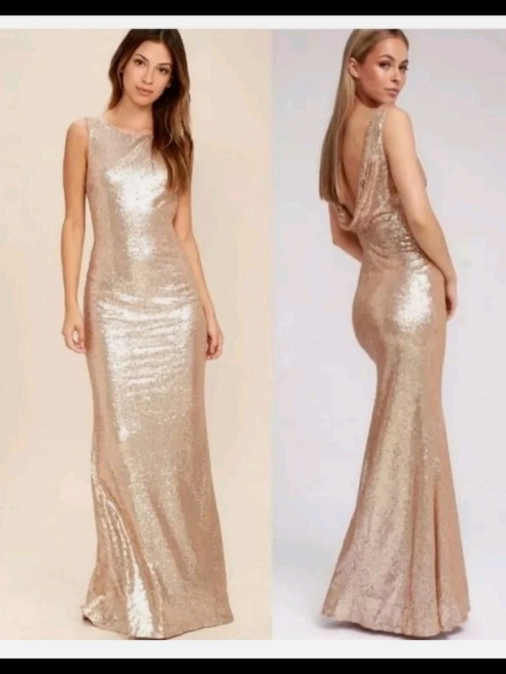 Lulu's Rose Gold Sequin Backless Evening Gown